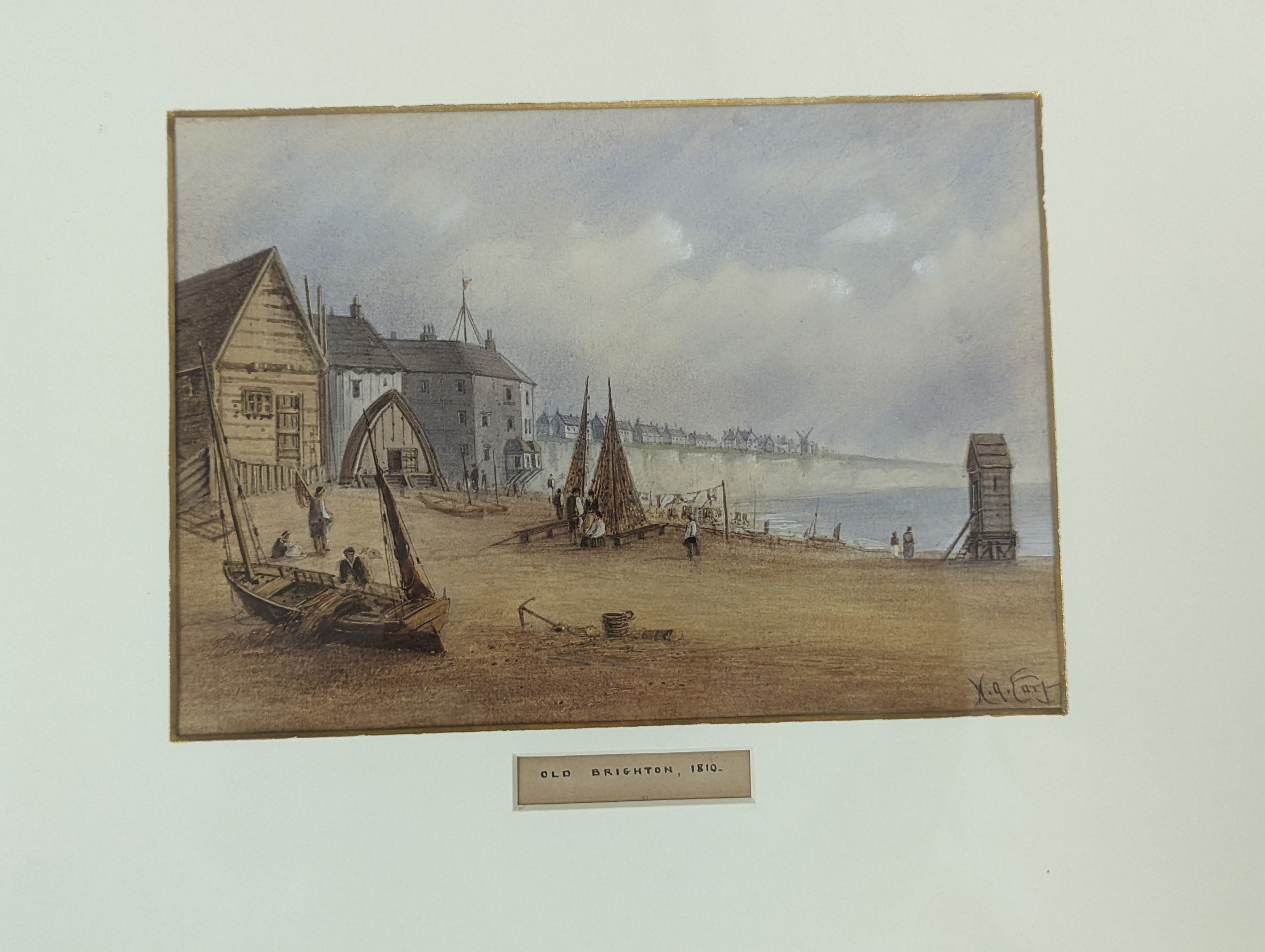 William Henry Earp (1831-1914), four watercolours, A view of Brighthelmstone 1785 and The Chain Pier 1828, The Old Chain Pier and Old Brighton 1810, signed, 15 x 22cm, with two colour prints of London